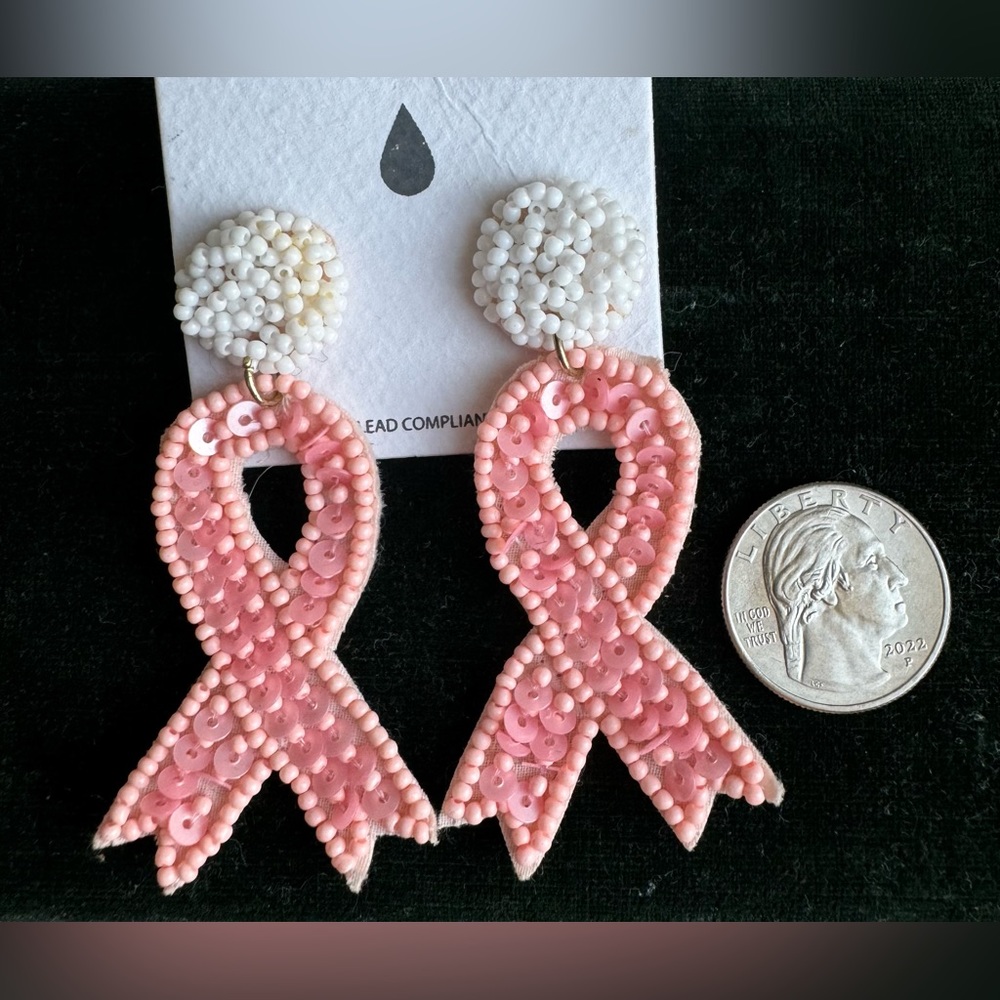 Breast Cancer Ribbon Seed Bead Earrings Pink